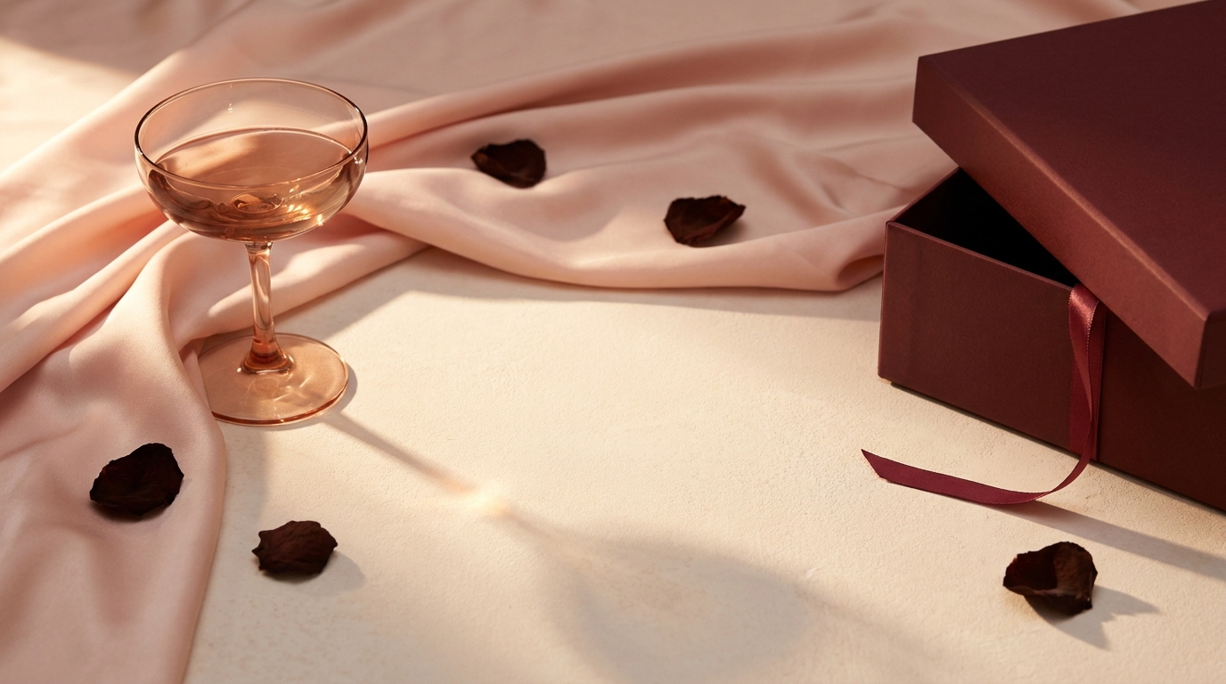 Blush silk draped beside an unmarked wine-coloured gift box in warm golden light