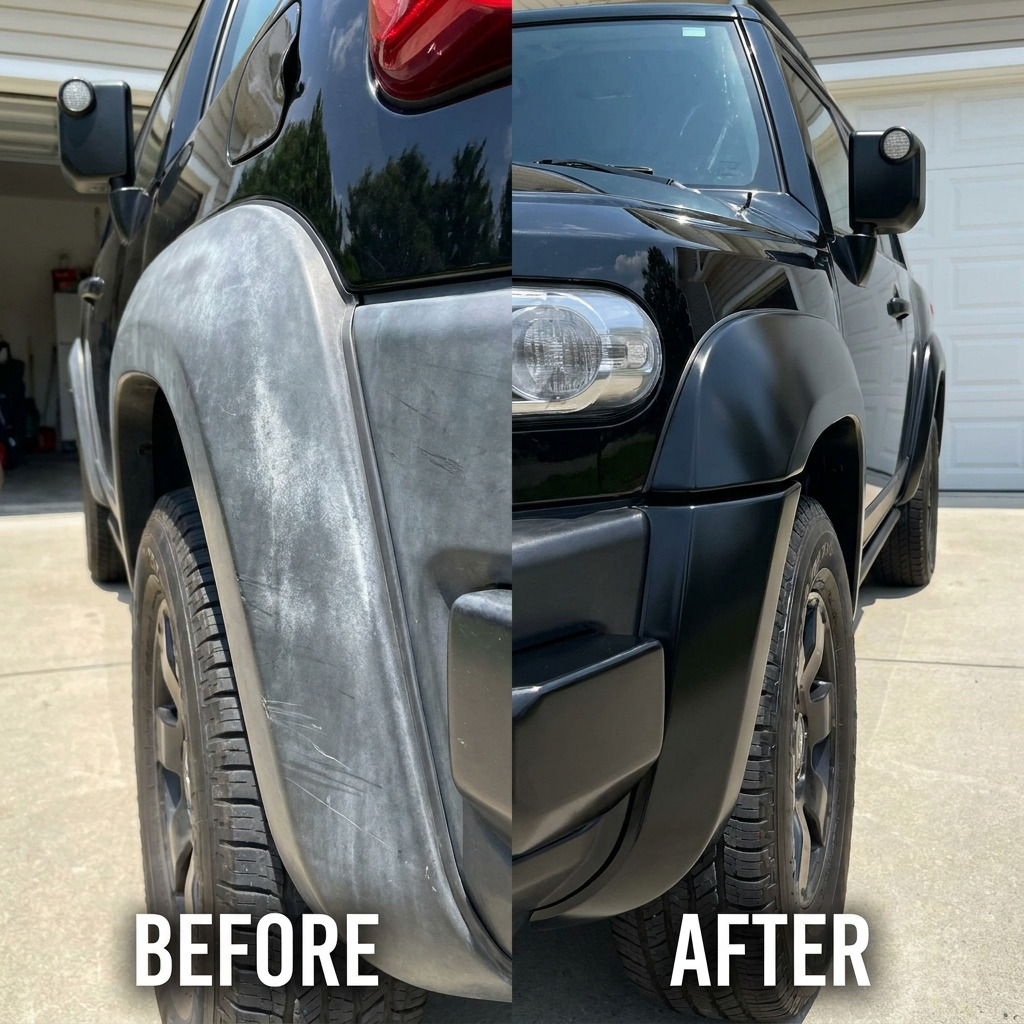 Before and after: faded grey car trim restored to deep glossy black