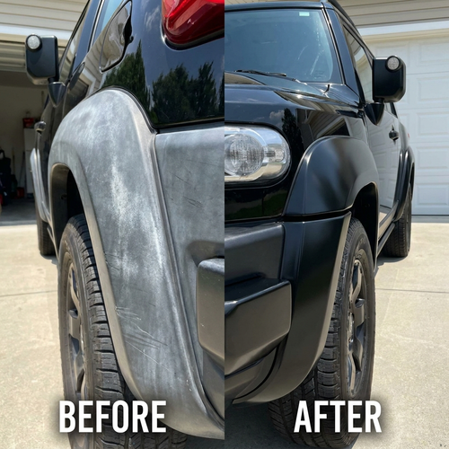 Before and after: faded grey car trim restored to deep glossy black