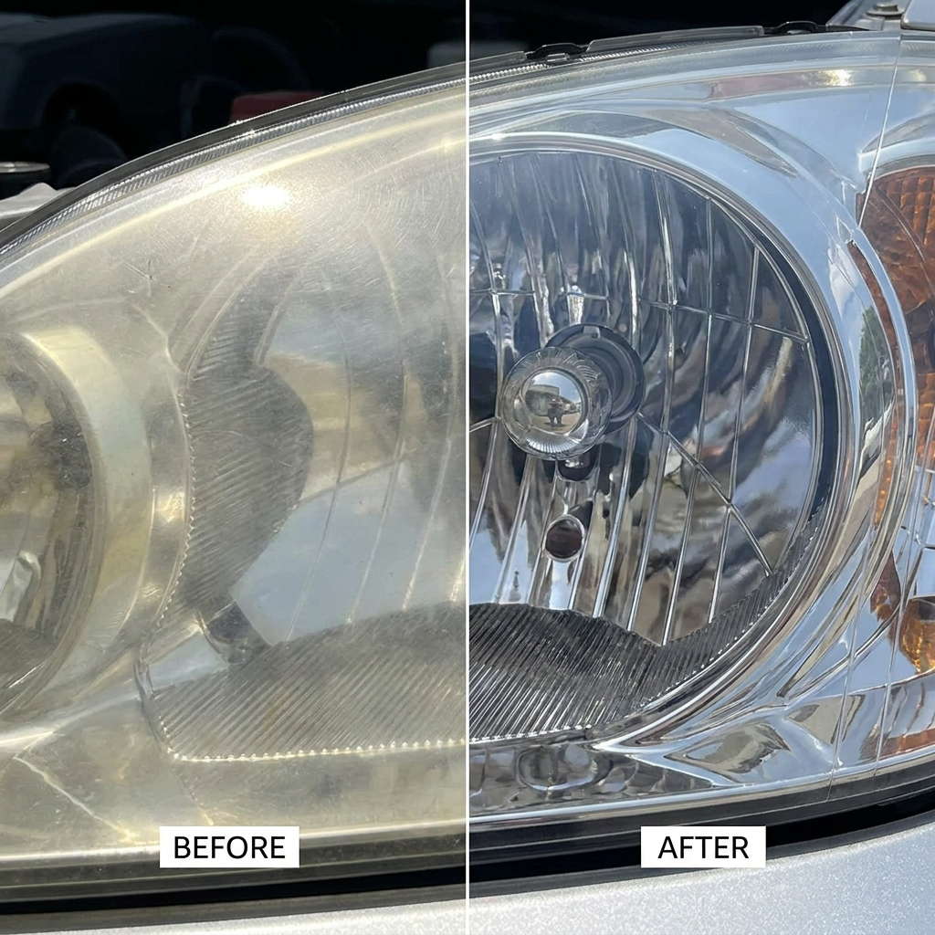Before and after: cloudy yellow headlight restored crystal clear